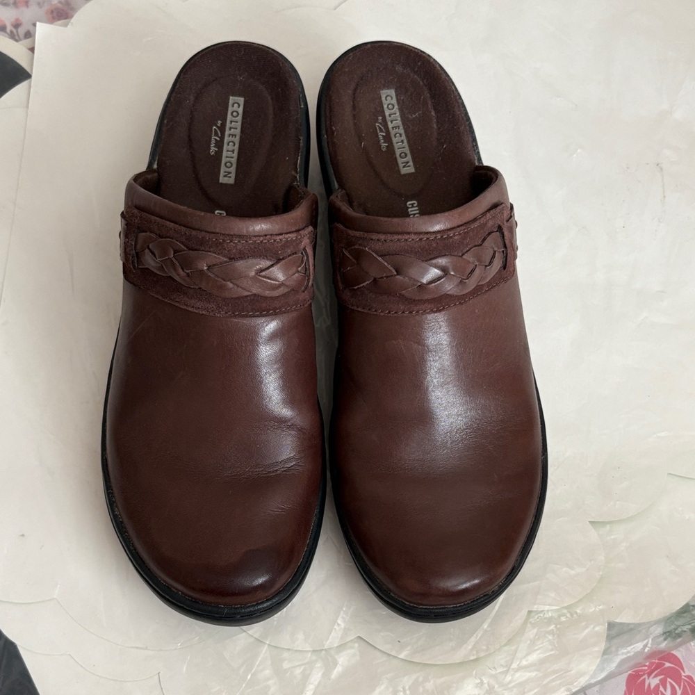 Clarks Dark Brown Leather Mules